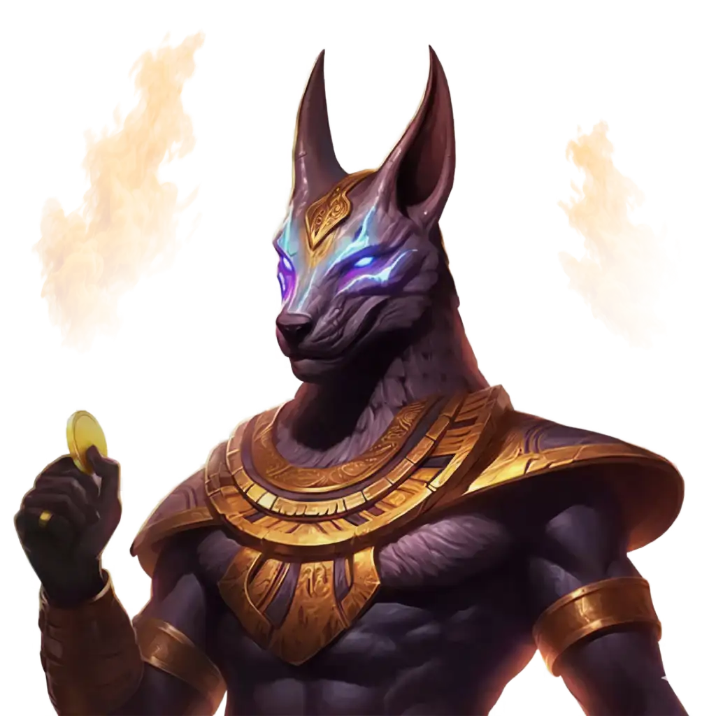 Anubis Egyptian god holding a gold coin – fantasy casino mascot illustration