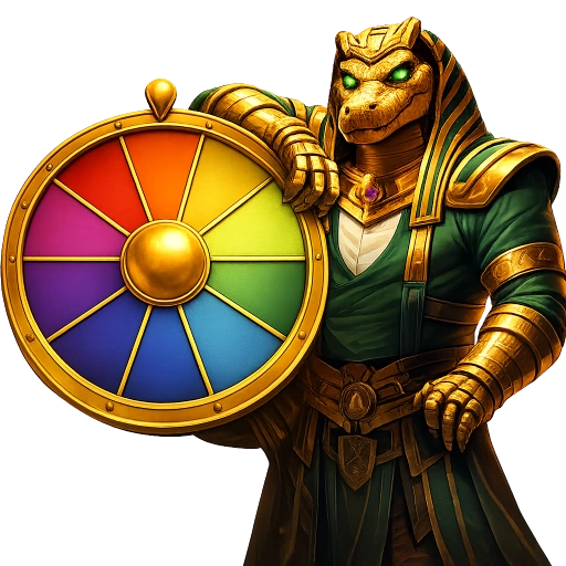 Anubis-style crocodile warrior in green and gold Egyptian armor holding a colorful prize wheel, isolated on a black background.
